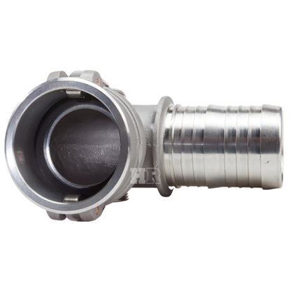 Aluminum 3" Female Camlock x Hose Shank 90 Degree Elbow (USA)