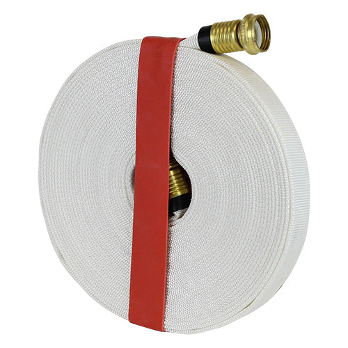 White 5/8" x 50' Forestry Hose (Brass Garden Hose Couplings) with Rubber Band
