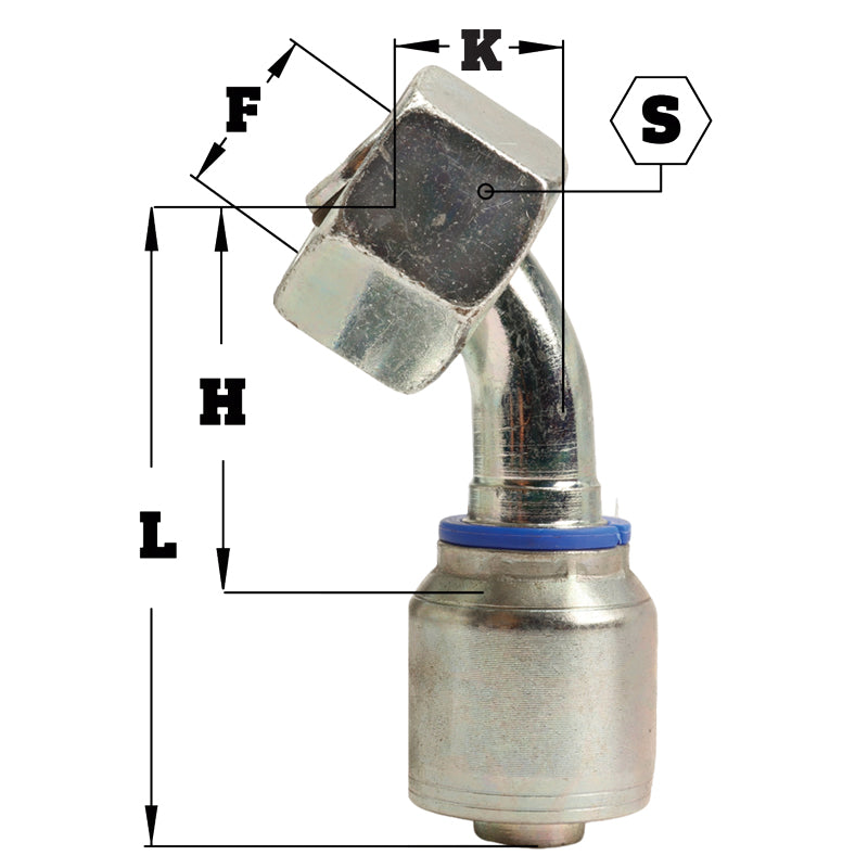 M16 X 1.5 Female Swivel 24˚ Cone (Heavy S8) with O-Ring 45˚ Elbow Hydraulic Fitting